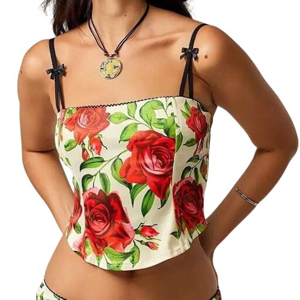 Jaded London Scarlett Satin Corset Top Womens 4 Ivory Red Rose Floral Coquette